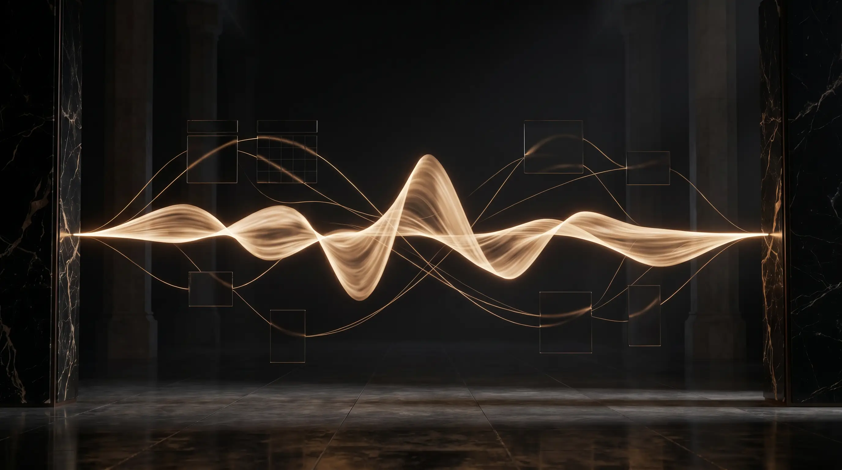 Onde vocale matérialisée en sculpture de lumière dorée, reliée à un calendrier abstrait